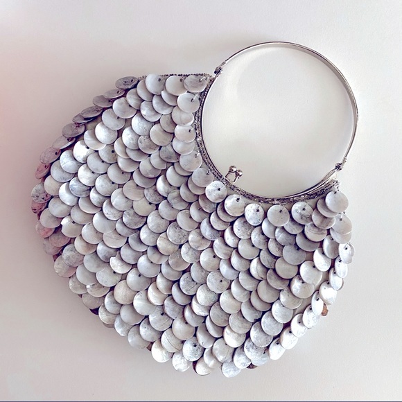 Handbags - CAPIZ SHELL SEQUINED BEADED TOP HANDLE CLUTCH BAG